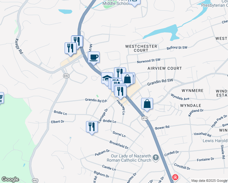 map of restaurants, bars, coffee shops, grocery stores, and more near 2005 Electric Road in Cave Spring