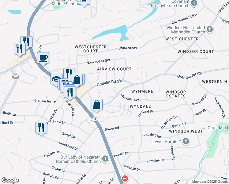 map of restaurants, bars, coffee shops, grocery stores, and more near 4641 Heather Drive Southwest in Roanoke