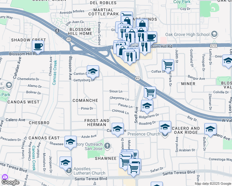 map of restaurants, bars, coffee shops, grocery stores, and more near 502 Sioux Lane in San Jose