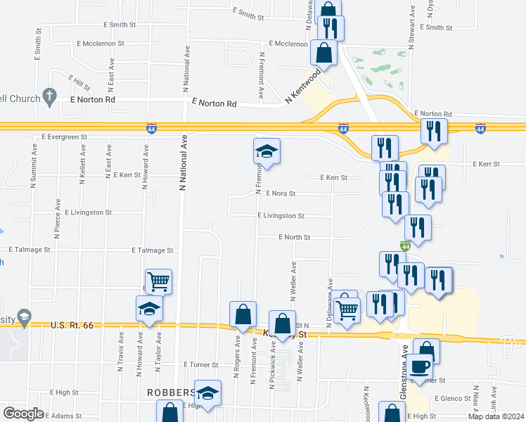 map of restaurants, bars, coffee shops, grocery stores, and more near 1411 East Livingston Street in Springfield