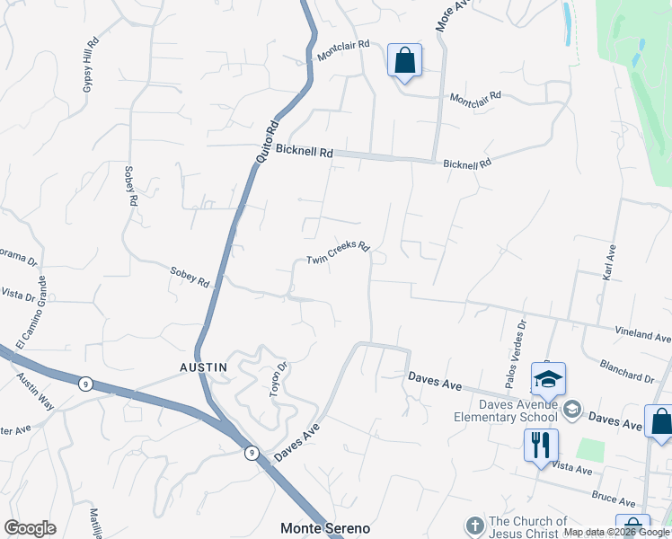 map of restaurants, bars, coffee shops, grocery stores, and more near 15374 Tamson Court in Monte Sereno