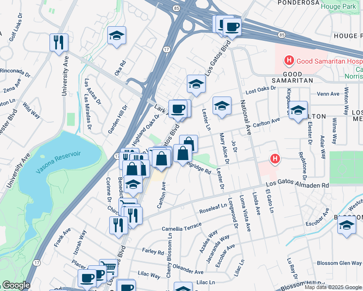 map of restaurants, bars, coffee shops, grocery stores, and more near 236 Carlton Avenue in Los Gatos