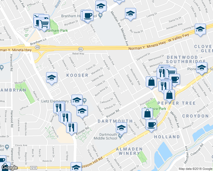 map of restaurants, bars, coffee shops, grocery stores, and more near 1543 Rose Anna Drive in San Jose