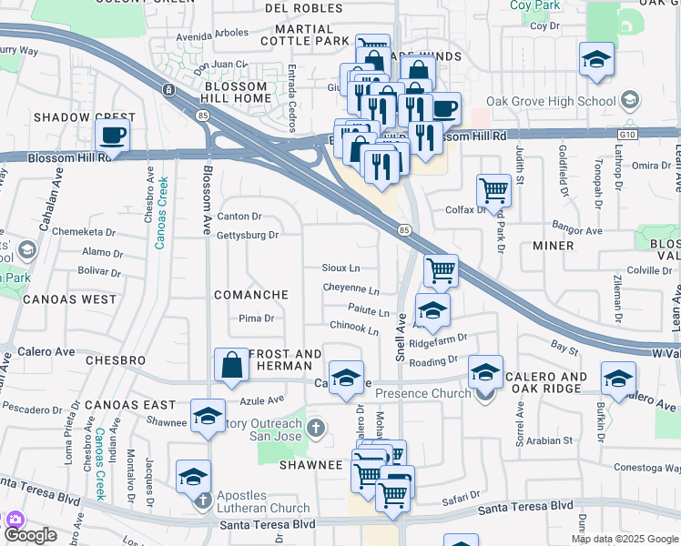 map of restaurants, bars, coffee shops, grocery stores, and more near 502 Sioux Lane in San Jose