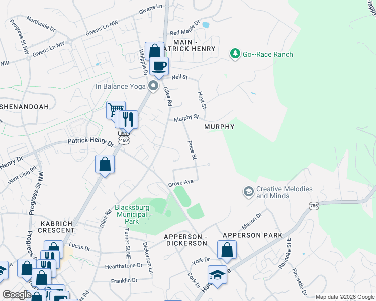 map of restaurants, bars, coffee shops, grocery stores, and more near 222 Price Street in Blacksburg