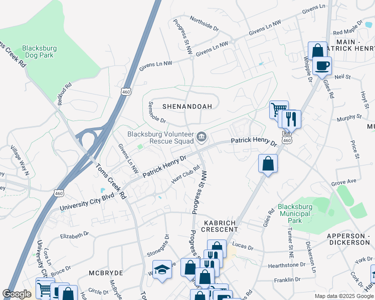 map of restaurants, bars, coffee shops, grocery stores, and more near 301 Shenandoah Circle in Blacksburg