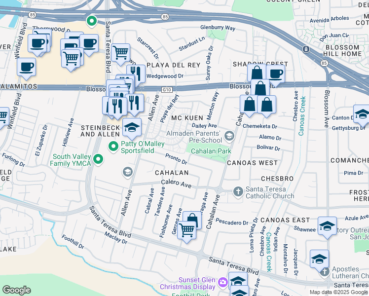 map of restaurants, bars, coffee shops, grocery stores, and more near 5672 Calmor Court in San Jose