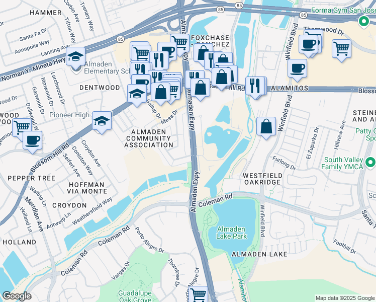 map of restaurants, bars, coffee shops, grocery stores, and more near 5745-5747 Almaden Road in San Jose