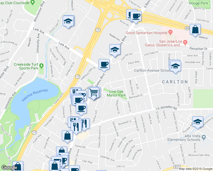 map of restaurants, bars, coffee shops, grocery stores, and more near 200 Carlester Drive in Los Gatos