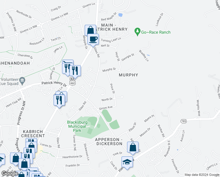 map of restaurants, bars, coffee shops, grocery stores, and more near 222 Price Street in Blacksburg