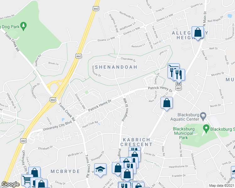 map of restaurants, bars, coffee shops, grocery stores, and more near 303 Shenandoah Circle in Blacksburg