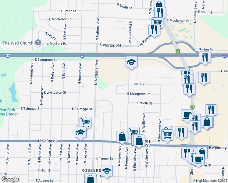 map of restaurants, bars, coffee shops, grocery stores, and more near 2720 North Eloise Avenue in Springfield