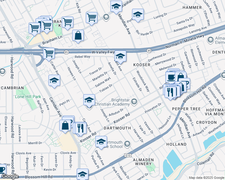 map of restaurants, bars, coffee shops, grocery stores, and more near 1543 Rose Anna Drive in San Jose