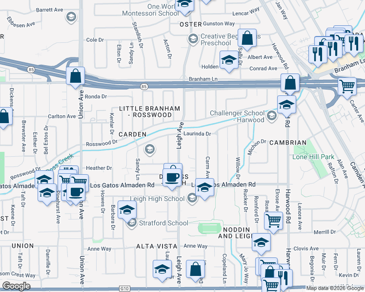 map of restaurants, bars, coffee shops, grocery stores, and more near 5048 Leigh Avenue in San Jose