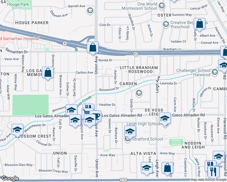 map of restaurants, bars, coffee shops, grocery stores, and more near 1964 Rosswood Drive in San Jose