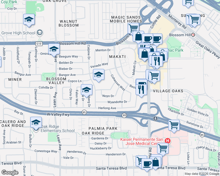map of restaurants, bars, coffee shops, grocery stores, and more near 182 Benbow Avenue in San Jose