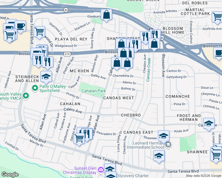 map of restaurants, bars, coffee shops, grocery stores, and more near 5788 Cahalan Avenue in San Jose