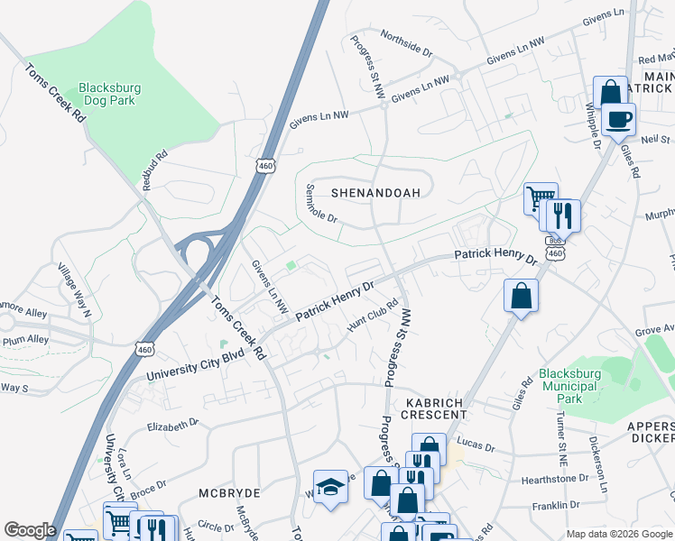 map of restaurants, bars, coffee shops, grocery stores, and more near 333 Shenandoah Circle in Blacksburg