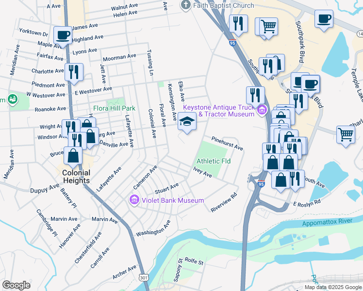 map of restaurants, bars, coffee shops, grocery stores, and more near 500 Conduit Road in Colonial Heights