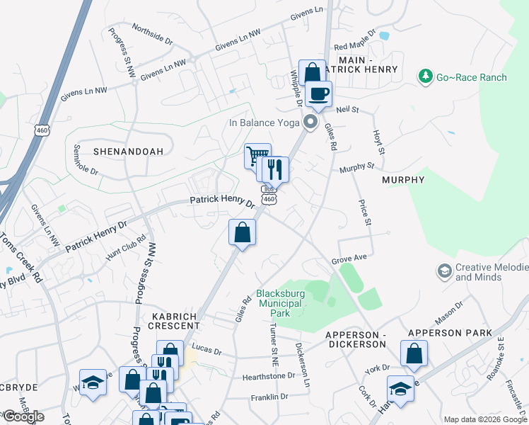 map of restaurants, bars, coffee shops, grocery stores, and more near 887 Patrick Henry Drive in Blacksburg