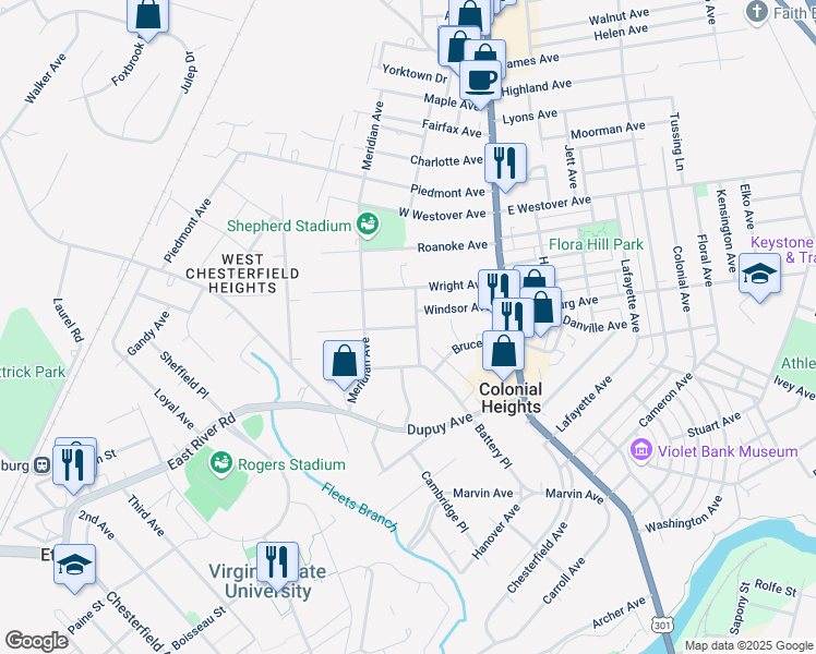 map of restaurants, bars, coffee shops, grocery stores, and more near 217 Plumtree Ave in Colonial Heights
