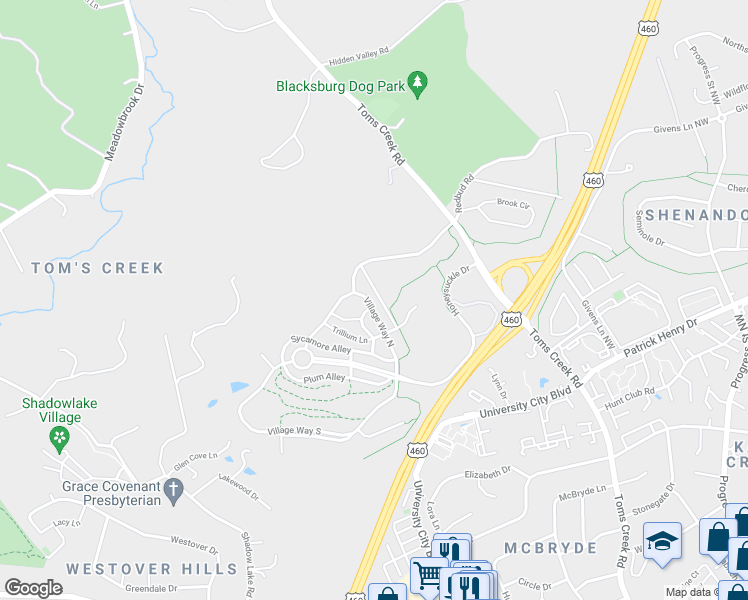 map of restaurants, bars, coffee shops, grocery stores, and more near 819 Village Way North in Blacksburg