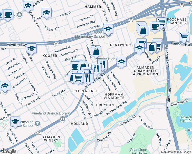 map of restaurants, bars, coffee shops, grocery stores, and more near 1349 Blossom Hill Road in San Jose