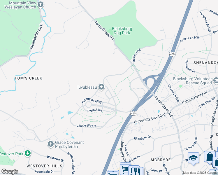 map of restaurants, bars, coffee shops, grocery stores, and more near 819 Village Way North in Blacksburg