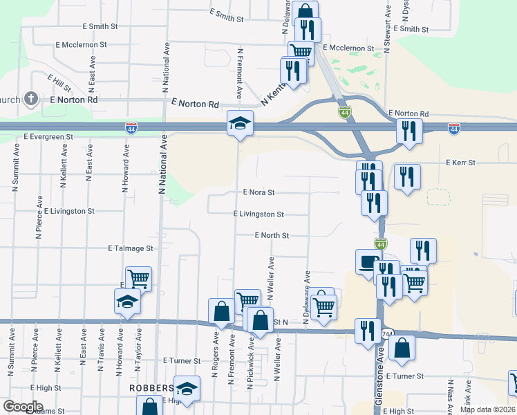 map of restaurants, bars, coffee shops, grocery stores, and more near 1437 East Livingston Street in Springfield