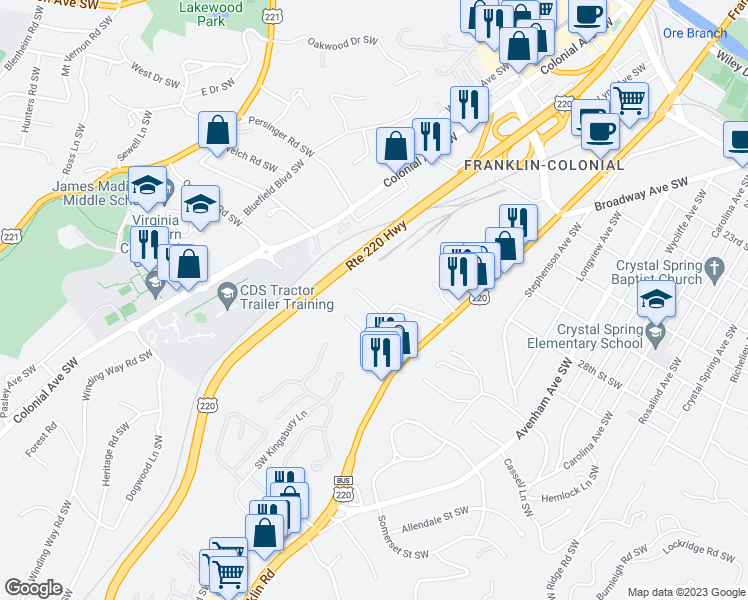 map of restaurants, bars, coffee shops, grocery stores, and more near 1019 Beechwood Drive Southwest in Roanoke