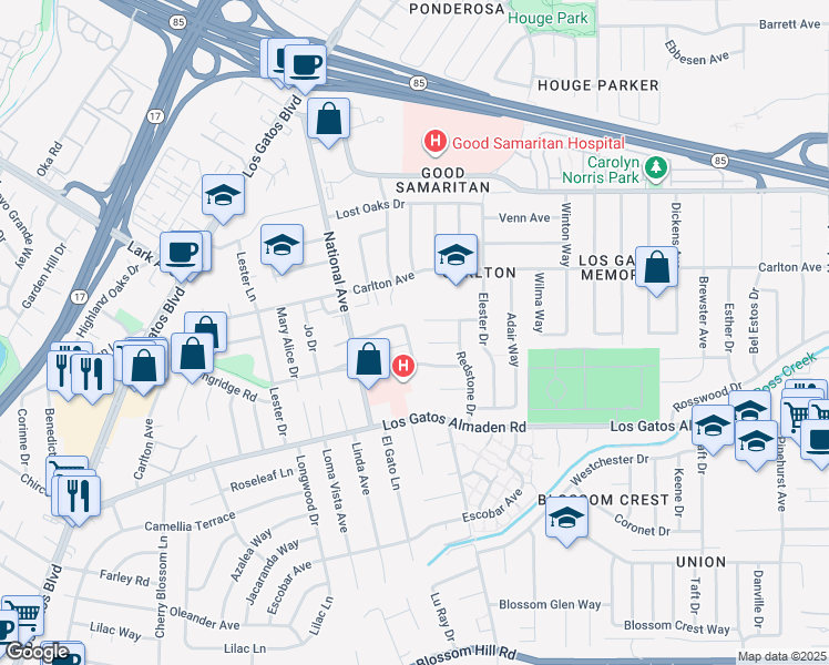 map of restaurants, bars, coffee shops, grocery stores, and more near 223 Drakes Bay Avenue in Los Gatos
