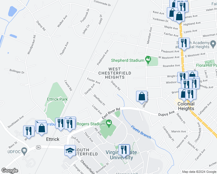 map of restaurants, bars, coffee shops, grocery stores, and more near 20210 Jarrett Circle in Petersburg