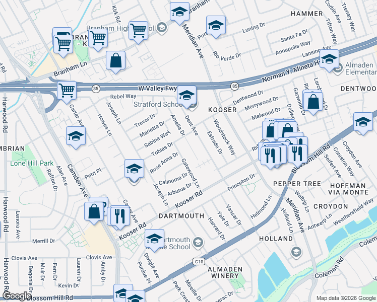 map of restaurants, bars, coffee shops, grocery stores, and more near 5269 Amelia Drive in San Jose