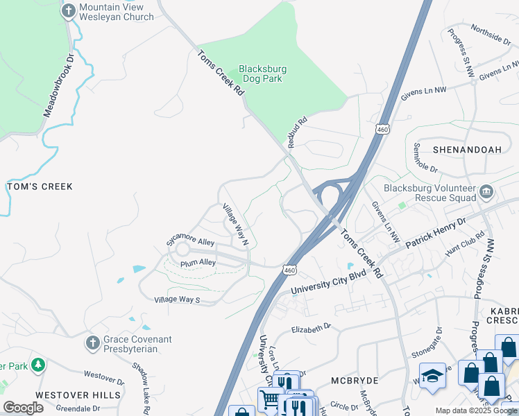 map of restaurants, bars, coffee shops, grocery stores, and more near 1502 Trillium Lane in Blacksburg
