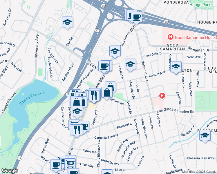 map of restaurants, bars, coffee shops, grocery stores, and more near 200 Carlester Drive in Los Gatos