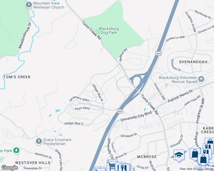 map of restaurants, bars, coffee shops, grocery stores, and more near 1502 Trillium Lane in Blacksburg