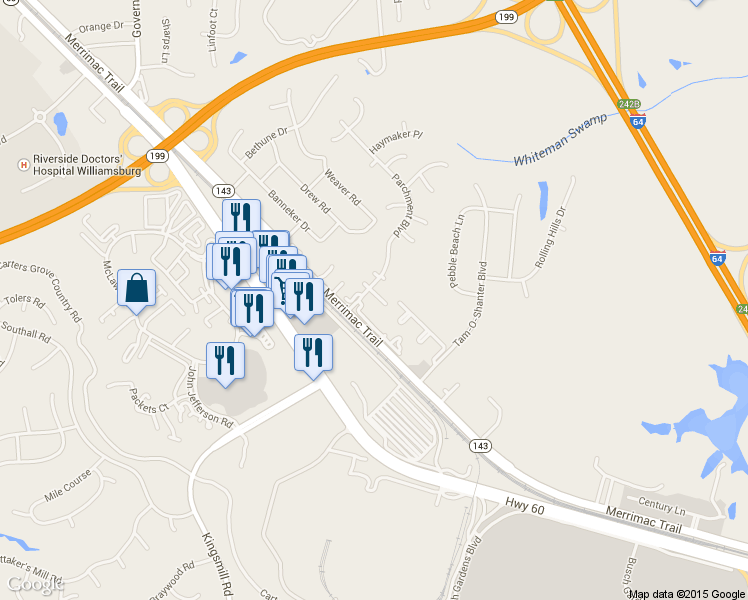 map of restaurants, bars, coffee shops, grocery stores, and more near 106 Callahan Drive in Williamsburg