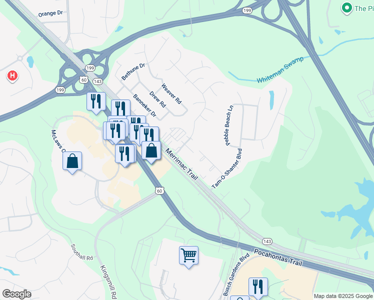 map of restaurants, bars, coffee shops, grocery stores, and more near 106 Callahan Drive in Williamsburg