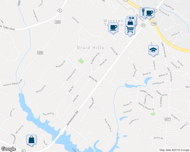 map of restaurants, bars, coffee shops, grocery stores, and more near 122 Dover Road in Williamsburg