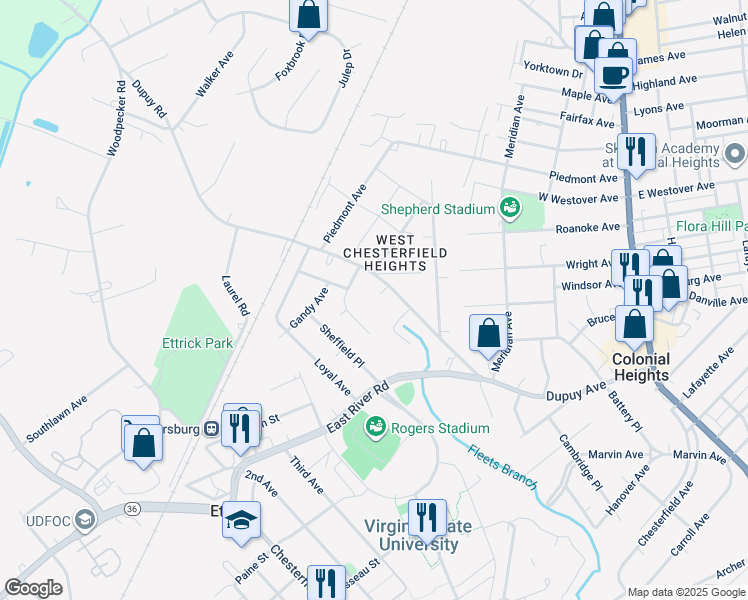 map of restaurants, bars, coffee shops, grocery stores, and more near 20210 Jarrett Circle in Petersburg