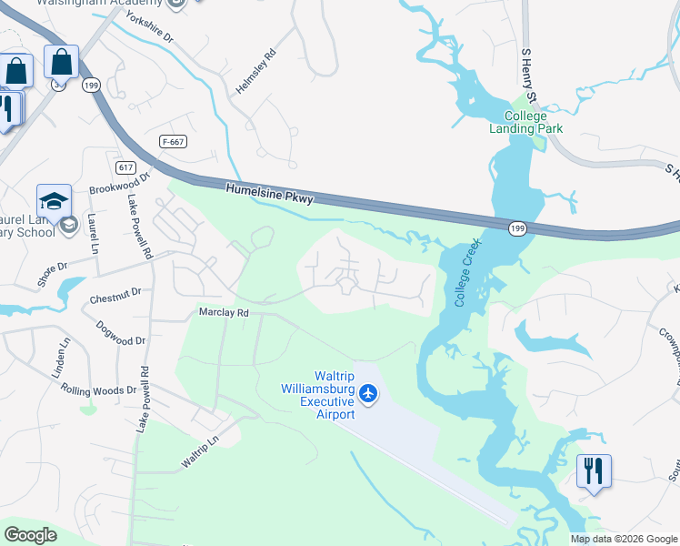 map of restaurants, bars, coffee shops, grocery stores, and more near 5700 Williamsburg Landing Drive in Williamsburg