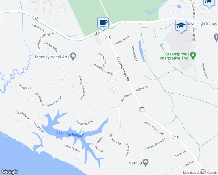 map of restaurants, bars, coffee shops, grocery stores, and more near 3204 Woods Walk Court in Williamsburg