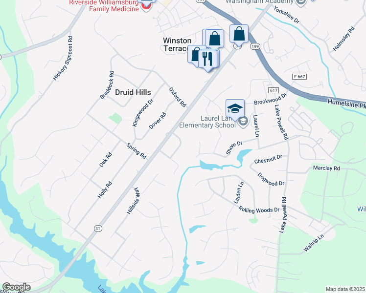 map of restaurants, bars, coffee shops, grocery stores, and more near 108 Edgewood Lane in Williamsburg