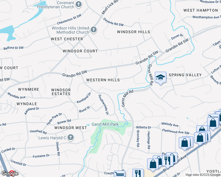 map of restaurants, bars, coffee shops, grocery stores, and more near 3457 South Park Circle in Cave Spring