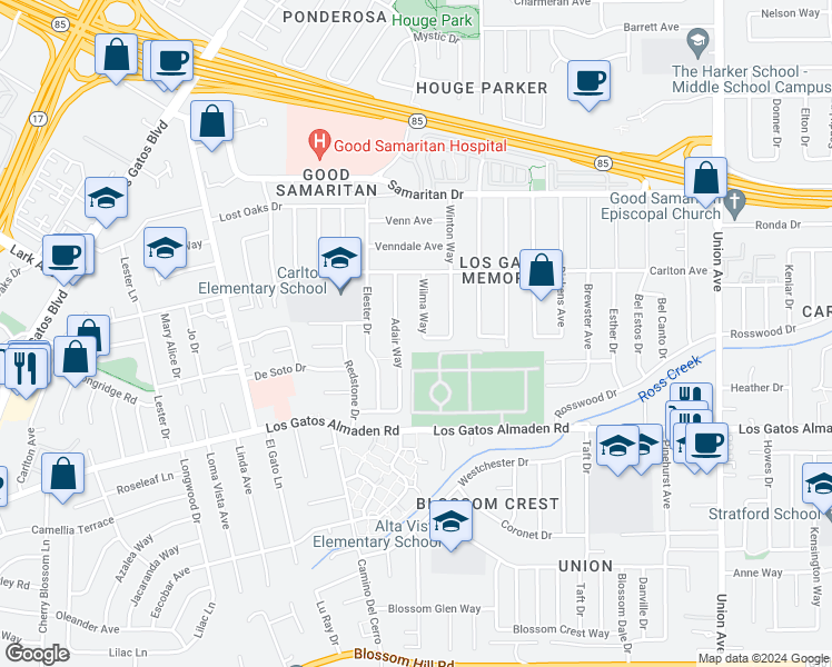 map of restaurants, bars, coffee shops, grocery stores, and more near 5023 Wilma Way in San Jose