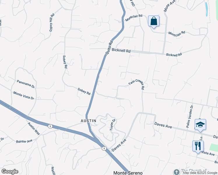 map of restaurants, bars, coffee shops, grocery stores, and more near 18459 Twin Creeks Road in Monte Sereno