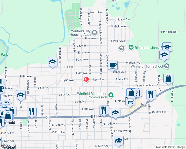 map of restaurants, bars, coffee shops, grocery stores, and more near 1405 E 4th Ave in Winfield
