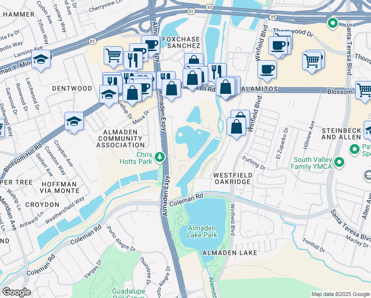 map of restaurants, bars, coffee shops, grocery stores, and more near 5750 Almaden Expressway in San Jose