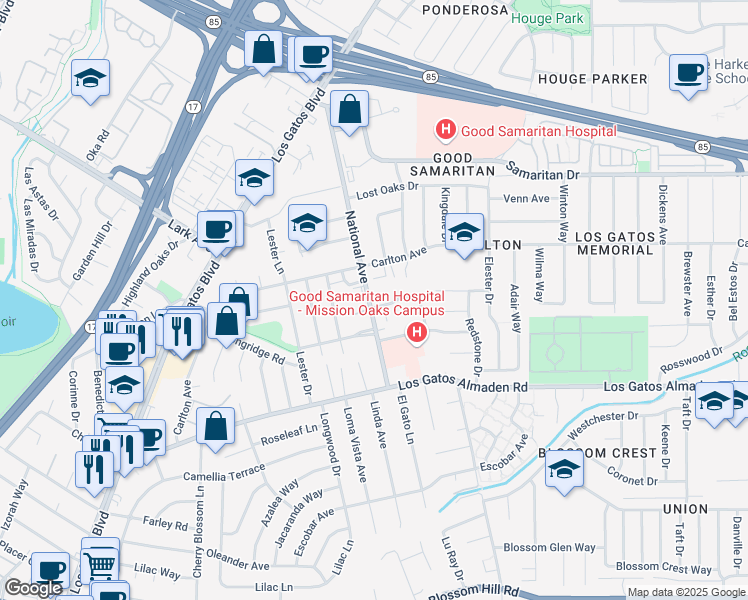 map of restaurants, bars, coffee shops, grocery stores, and more near 195 Drakes Bay Avenue in Los Gatos