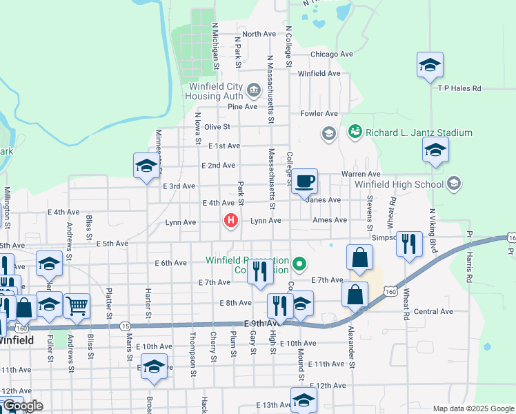 map of restaurants, bars, coffee shops, grocery stores, and more near 1405 E 4th Ave in Winfield